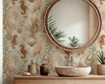 Coastal Seahorse Wallpaper: Sea Shell + Coral Beach House Accent Wall Mural