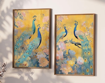 Chinoiserie Peacock Wall Art, Botanical Prints (Two-Piece Set)