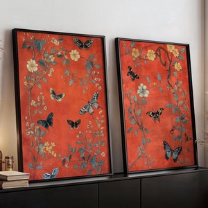 Conjunto de dos piezas de arte de pared con diseño de mariposas y flores chinoiserie, estilo vintage rojo, obra de arte botánica, póster estético para sala de estar