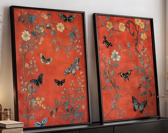 Butterfly Wall Art Set: Chinoiserie Floral Design (Two Pieces, Red)