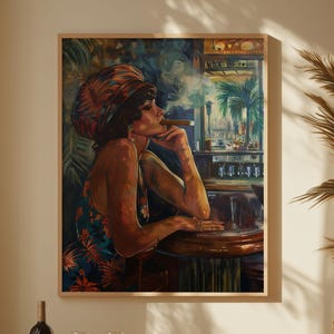 Coastal Speakeasy Wall Art - Flapper Woman Cigar Painting Poster Canvas - Tropical Bar Vintage Nightlife Decor