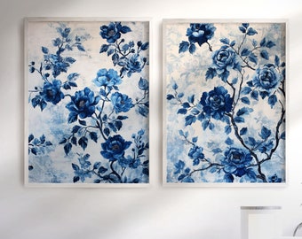 Floral Wall Art Set: Blue Chinoiserie Prints (Two Piece, Vintage Style)