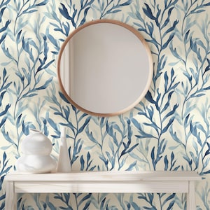 Tropical Blue Seaweed Botanical Wallpaper - Coastal Leafy Peel & Stick Wall Mural - Beach House Accent Wall Decor