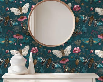 Dark Floral Butterfly Beetle Wallpaper: Bold Maximalist Moth + Bug Mural Accent Wall