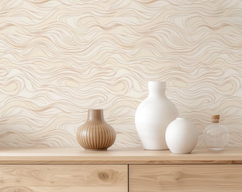 Coastal Beige + Cream Ocean Waves Wallpaper - Neutral Beach House Accent Wall Mural