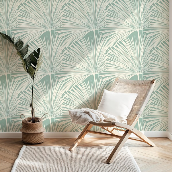 Coastal Palm Frond Wallpaper: Blue Tropical Beach House Accent Wall Mural