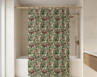 Cortina de ducha floral estilo William Morris vintage / Decoración botánica de cardo verde y rosa para el baño