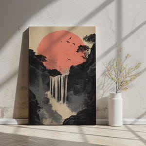 Japandi Waterfall Wall Art - Japanese Landscape Poster or Canvas - Hokusai Ukiyo-e Inspired Nature Decor for Modern Zen Aesthetic