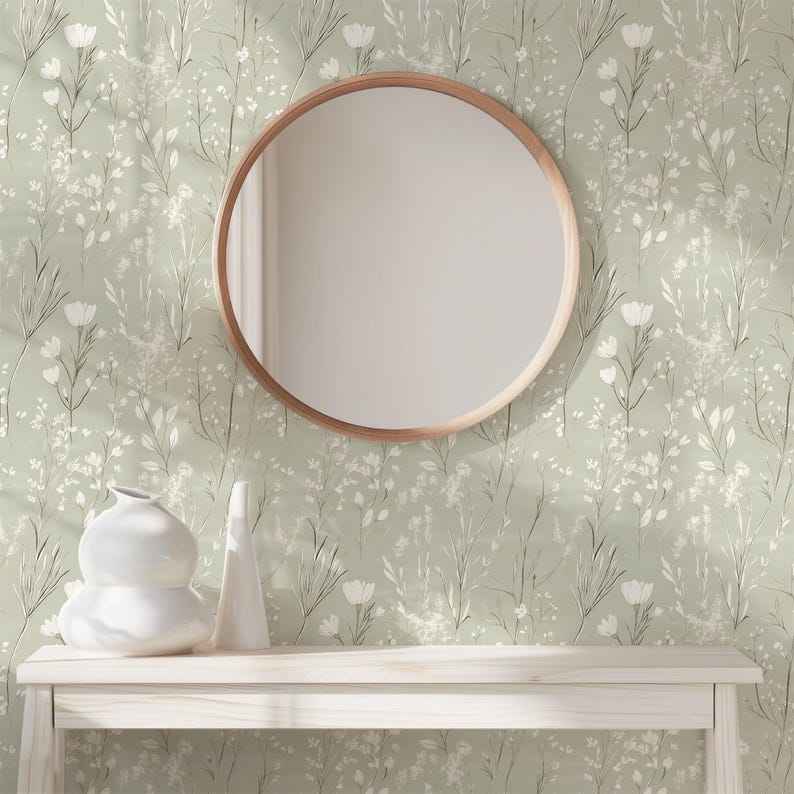 Green Wildflower Wallpaper: Neutral Floral Sage Botanical Accent Wall Mural image 2