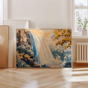 Japanese Waterfall Wall Art - Ukiyo-e Inspired Japandi Landscape Poster or Canvas - Hokusai Japan Aesthetic Natural Home Decor