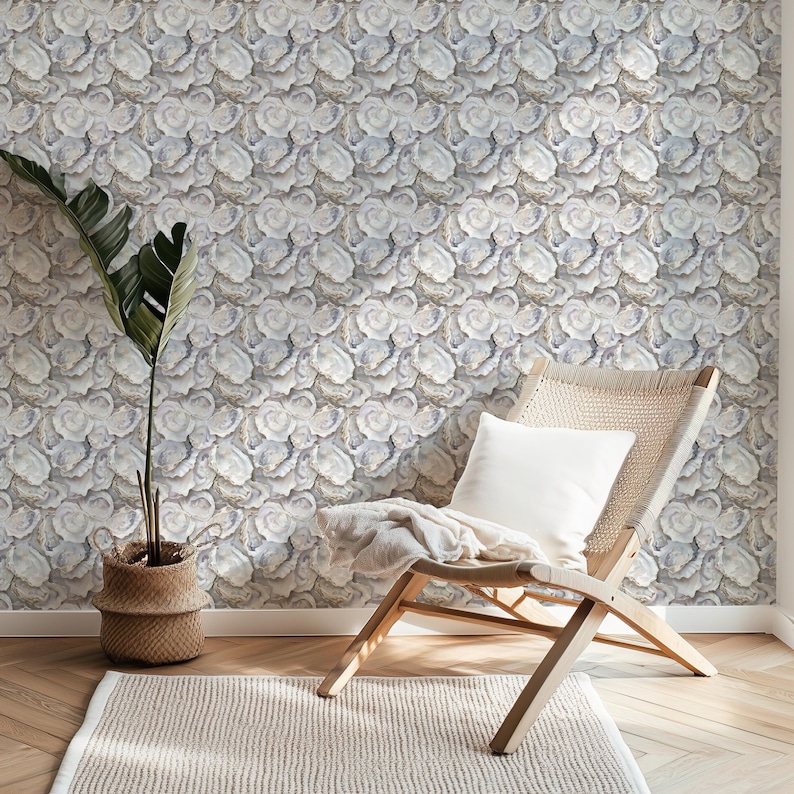 Neutral Coastal Oyster Shell Wallpaper - Beach House Seashell Accent ...