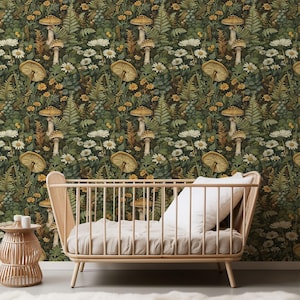Mushroom Wallpaper Mural: Cottagecore Botanical Style (Peel & Stick)