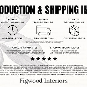The image is a production and shipping information graphic with various icons and text providing details about the company's services.