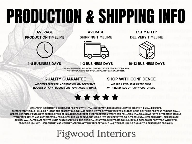 The image is a production and shipping information graphic with various icons and text providing details about the company's services.