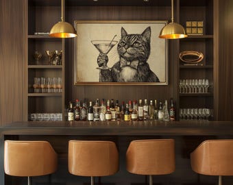 Prohibition Era Martini Wall Art Funny Speakeasy Cat Bar Cart Accessories 1920s Aesthetic Cocktail Wall Hanging Mancave Poster Print