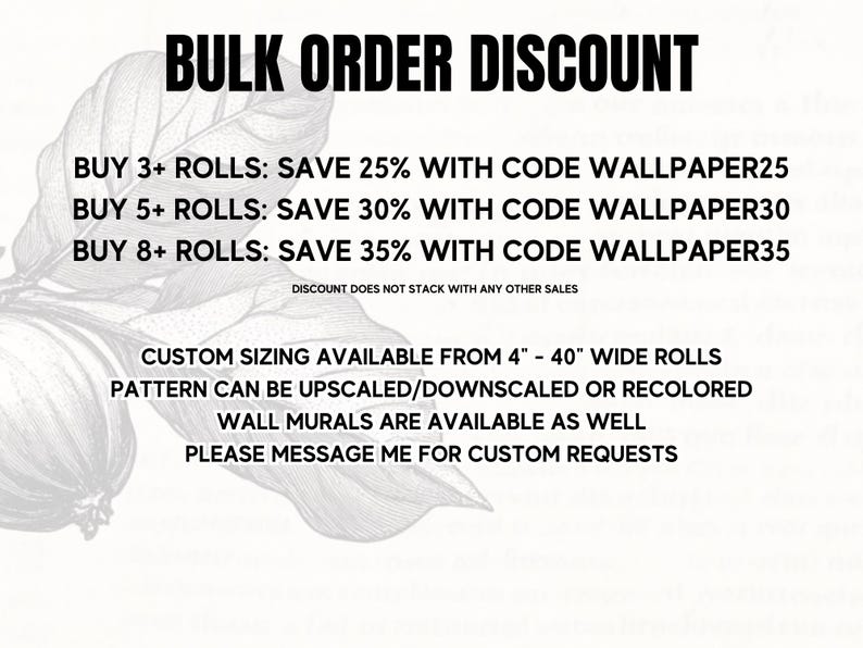 The image is a promotional image for a bulk order discount on wallpaper. It features a leaf with text that provides information about the discount and the available sizes of wallpaper.