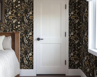 Dark Brown Beige Wildflower Wallpaper, Moody Floral Farmhouse Accent Wall Mural