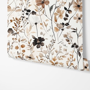Papel pintado de flores silvestres neutras - Mural botánico minimalista beige y marrón: opciones tradicionales y extraíbles imagen 4