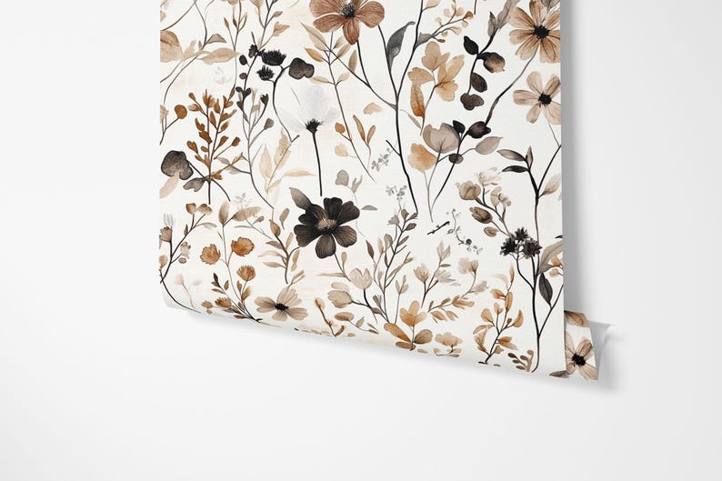 Papel pintado de flores silvestres neutras - Mural botánico minimalista beige y marrón: opciones tradicionales y extraíbles imagen 4