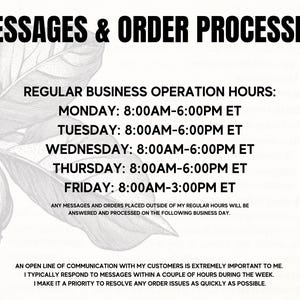 a message and order processing section with regular business operation hours for a business.