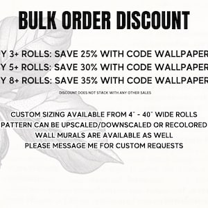 The image is a promotional image for a bulk order discount on wallpaper. It features a leaf with text that provides information about the discount and the available sizes of wallpaper.