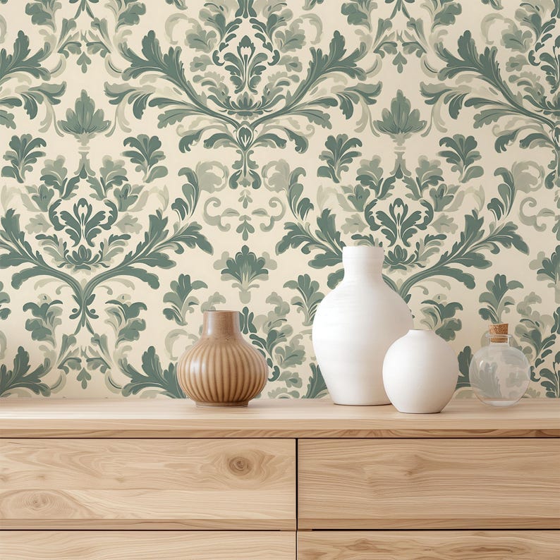 Vintage Green Damask Wallpaper - Botanical Victorian Accent Wall Mural ...