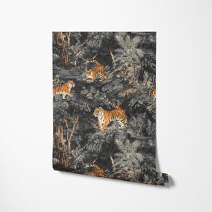 Tiger Jungle Wallpaper - Dark Vintage Tropical Forest Wallpaper - Exotic Wildlife Mural - Moody Jungle Wall Mural - Peel & Stick Wall Paper