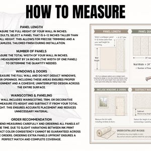 The image is a detailed guide on how to measure panel length, including instructions on selecting the right panel, measuring the width of the wall, and ordering the right amount of material.