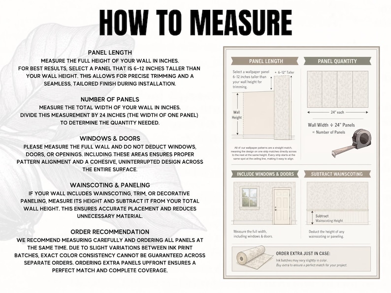 The image is a detailed guide on how to measure panel length, including instructions on selecting the right panel, measuring the width of the wall, and ordering the right amount of material.