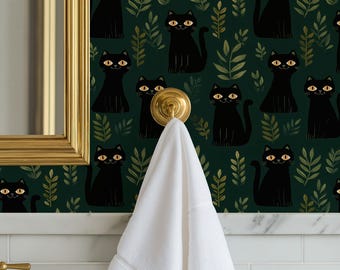 Funny Black Cat Wallpaper - Whimsical Bathroom Wall Mural - Playful Boho Jungle Accent Wall Decor