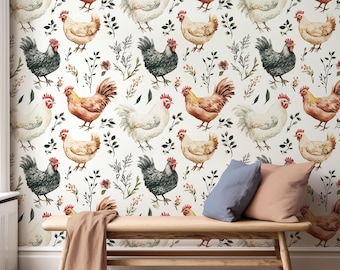 Farmhouse Chicken Wallpaper, Rustic Cottage Accent Wall Mural