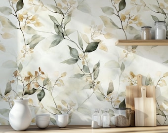 Neutral Green + Cream Minimalist Botanical Wallpaper: Watercolor Floral Accent Wall Mural
