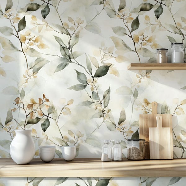 Neutral Green + Cream Minimalist Botanical Wallpaper: Watercolor Floral Accent Wall Mural