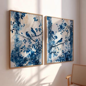 Chinoiserie Wall Art Set, Blue Floral Birds (two Piece Botanical Prints ...