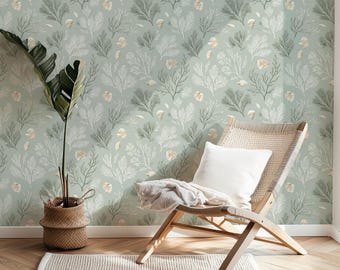 Coastal Blue Seashell + Coral Wallpaper - Tropical Beach House Accent Wall Mural