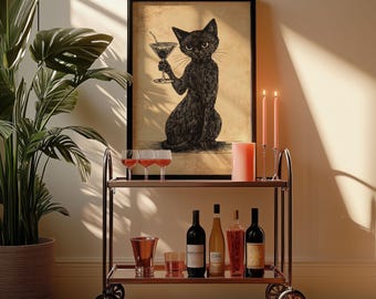 Prohibition Cat Martini Art Print: 1920s Speakeasy Bar Decor
