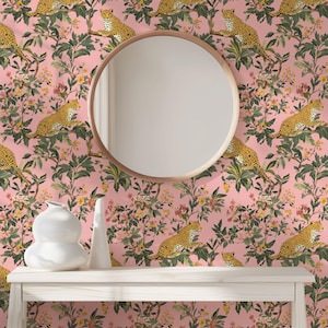 Pink Leopard Maximalist Wallpaper Bold Accent Wall Paper Fun Botanical Jungle Peel + Stick Wallpaper Unique Removable Wall Paper