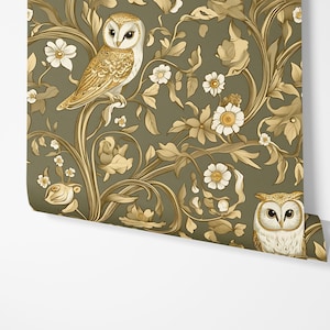 Whimsical Botanical Owl Wallpaper - Olive Green Woodland Bird + Floral Wall Mural