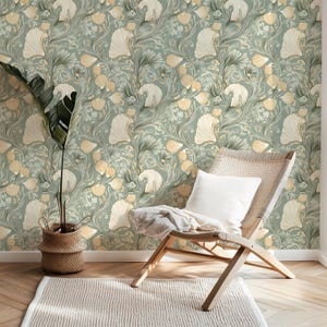 Coastal Art Nouveau Wallpaper - Sea Shell Botanical Peel & Stick Wall Mural - Tropical Beach House Accent Wall Decor