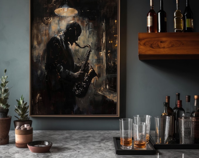Jazz Saxophonist Bourbon Room Print: Vintage Speakeasy Bar Art