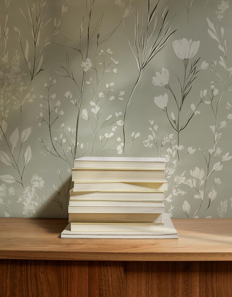 Green Wildflower Wallpaper: Neutral Floral Sage Botanical Accent Wall Mural image 4