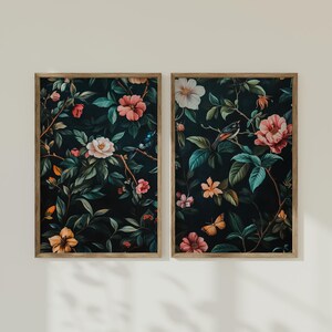Moody Floral Wall Art Set - Chinoiserie Bird Prints, Vintage Look