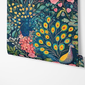Peacock Maximalist Wallpaper Colorful Botanical Wall Mural Bold Floral Peel & Stick Wallpaper Bird Home Decor Fun Removable Wall Paper