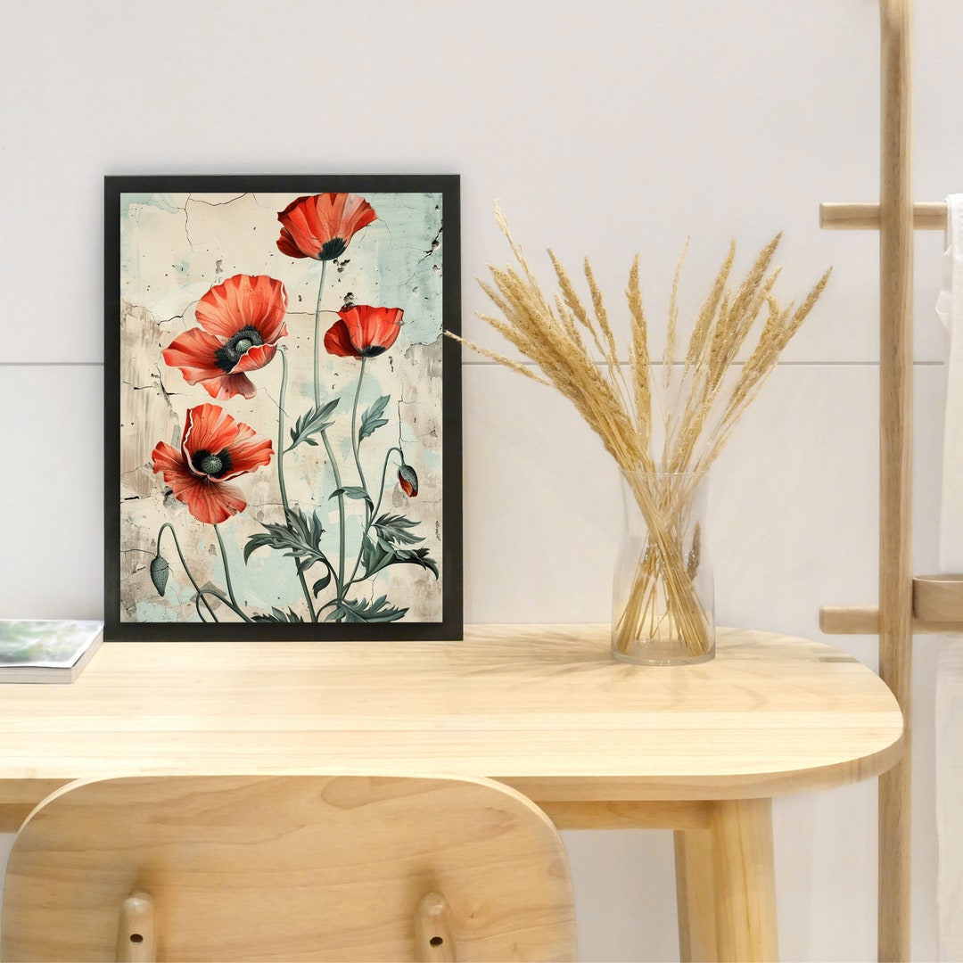 Poppy Wall Art Botanical Poster Print Floral Wall Hanging Living Room ...