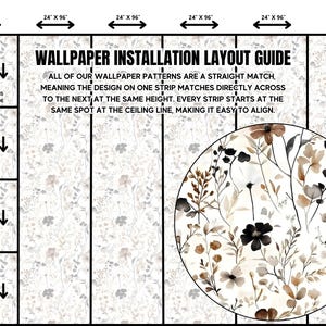 Puede incluir: Gu&iacute;a de instalaci&oacute;n de papel pintado con dimensiones e instrucciones. La gu&iacute;a muestra un patr&oacute;n floral con un primer plano circular del dise&ntilde;o. El texto explica c&oacute;mo alinear las tiras de papel pintado para un ajuste recto.