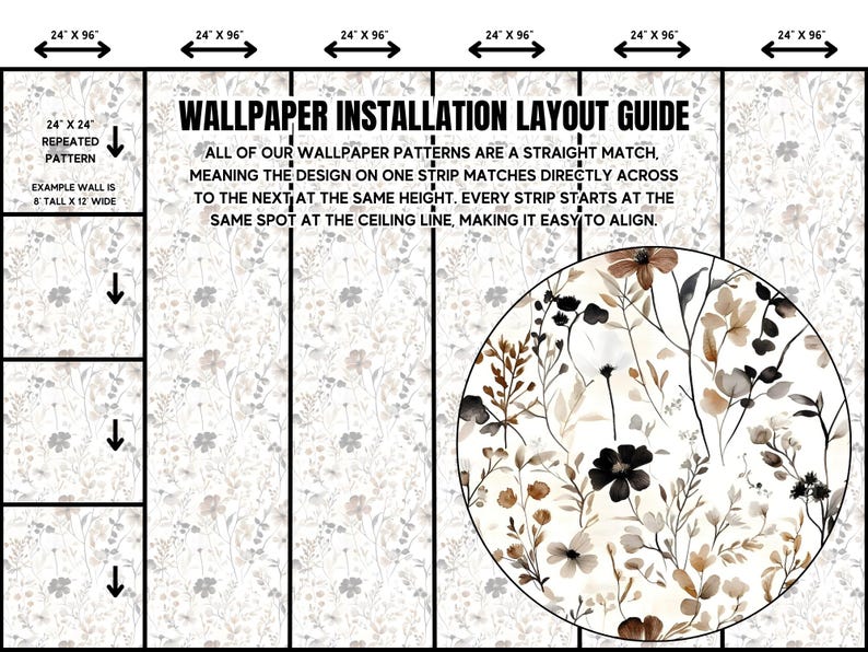 Puede incluir: Gu&iacute;a de instalaci&oacute;n de papel pintado con dimensiones e instrucciones. La gu&iacute;a muestra un patr&oacute;n floral con un primer plano circular del dise&ntilde;o. El texto explica c&oacute;mo alinear las tiras de papel pintado para un ajuste recto.