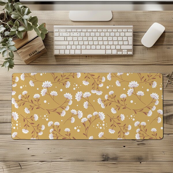 Yellow Floral Desk Mat | Floral Desk Pad | Botanical Aesthetic Office Decor | Desk Decoration | Extended Mousepad | Cute Keyboard Mat