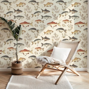 May include: A room featuring a beige fish-patterned wallpaper with red, brown, and gray fish illustrations. A wooden chair with a white cushion and a woven back is in front of the wall. A potted plant and a rug are in the foreground.
