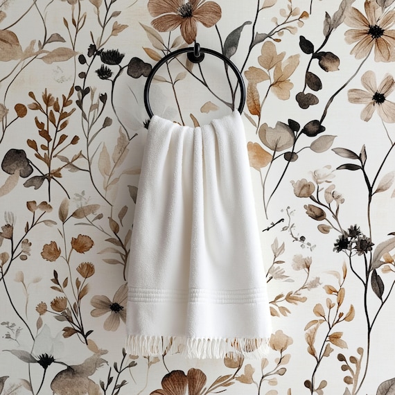 Neutral Wildflower Wallpaper - Minimalist Beige + Brown Botanical Wall Mural: Removable, Traditional Options