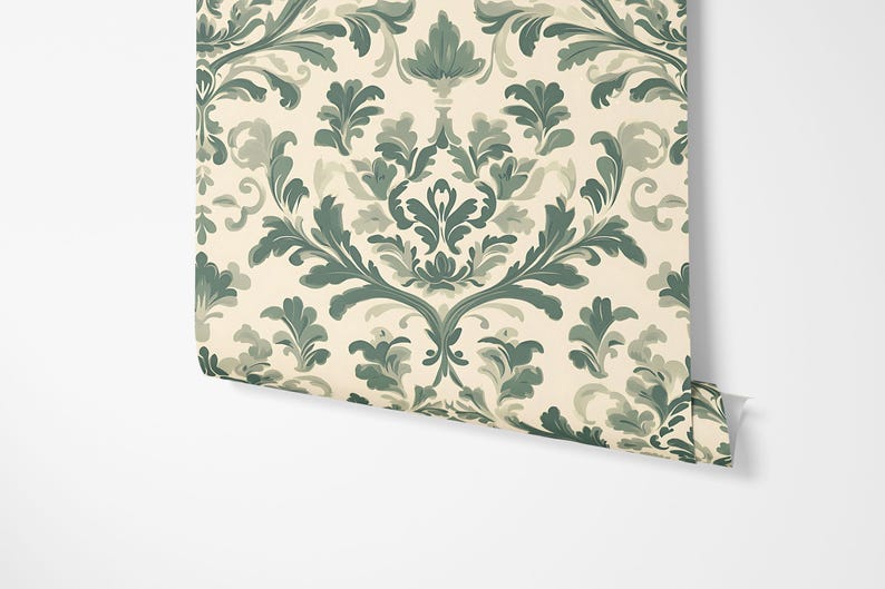Vintage Green Damask Wallpaper - Botanical Victorian Accent Wall Mural ...